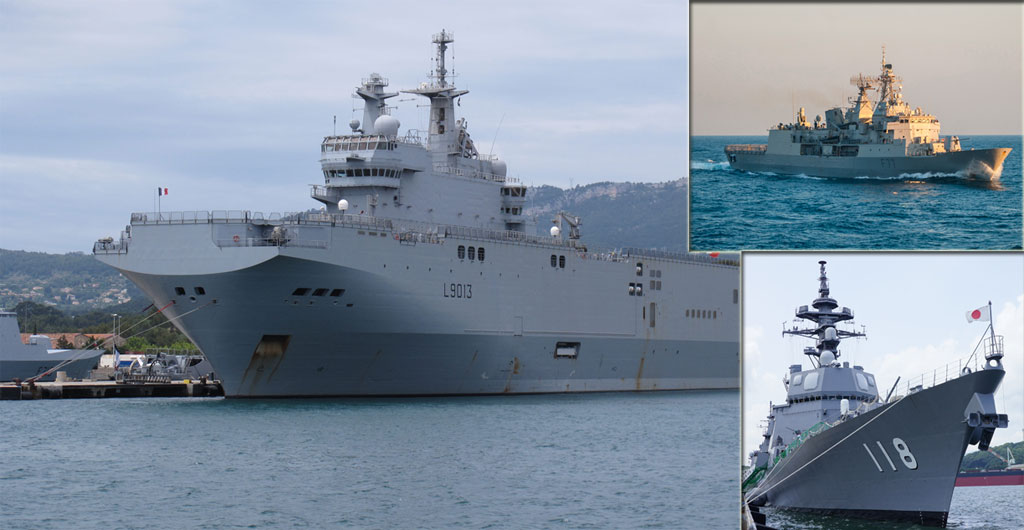 Tàu đổ bộ Mistral, tàu khu trục HMNZS Te Kaha (ảnh nhỏ, trên), tàu khu trục Fuyuzuki (ảnh nhỏ, dưới) /// Ảnh: Rama/US Navy/Hunini